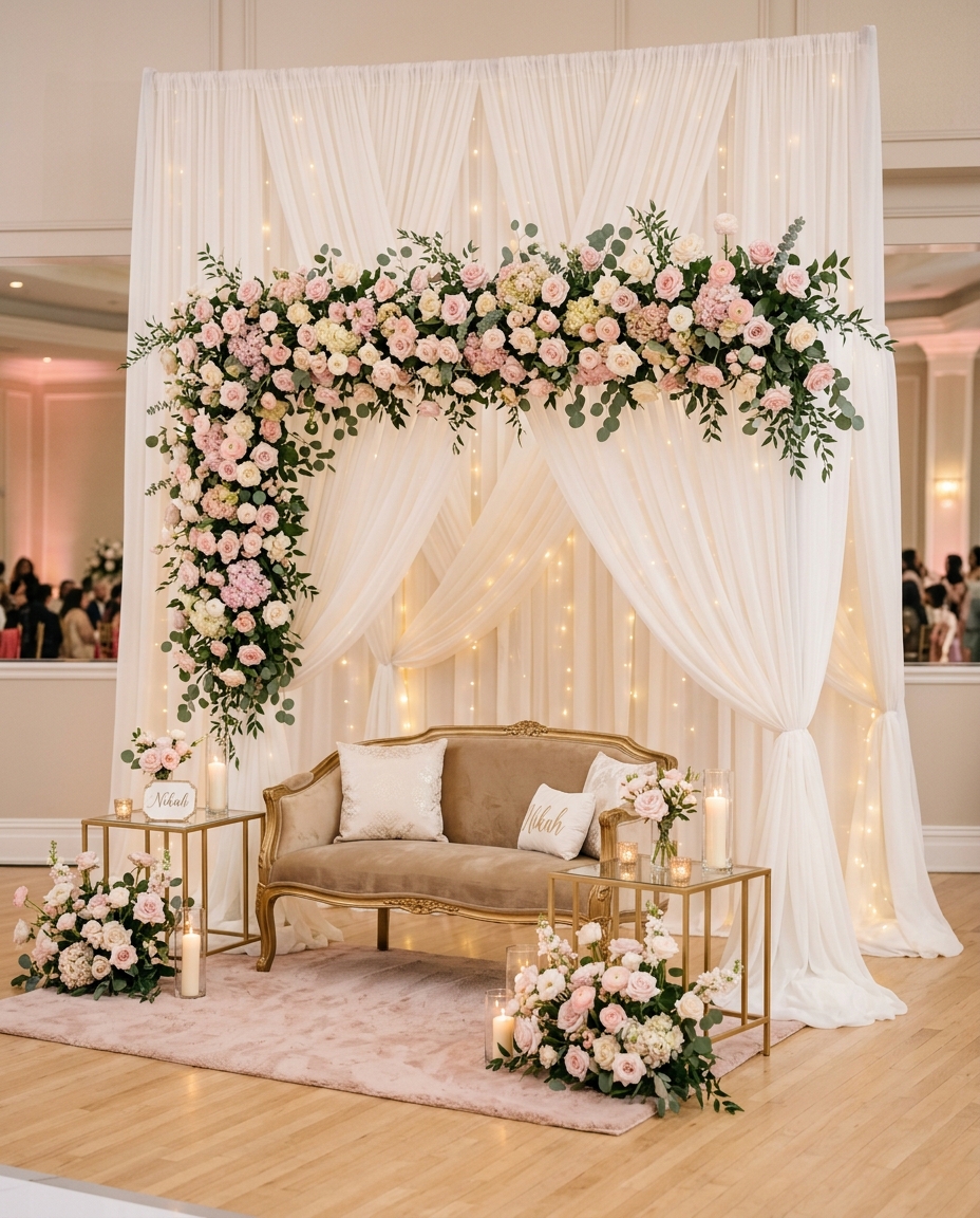 Artistic Nikah backdrop floral design in soft blush and ivory by Qubool Hai
