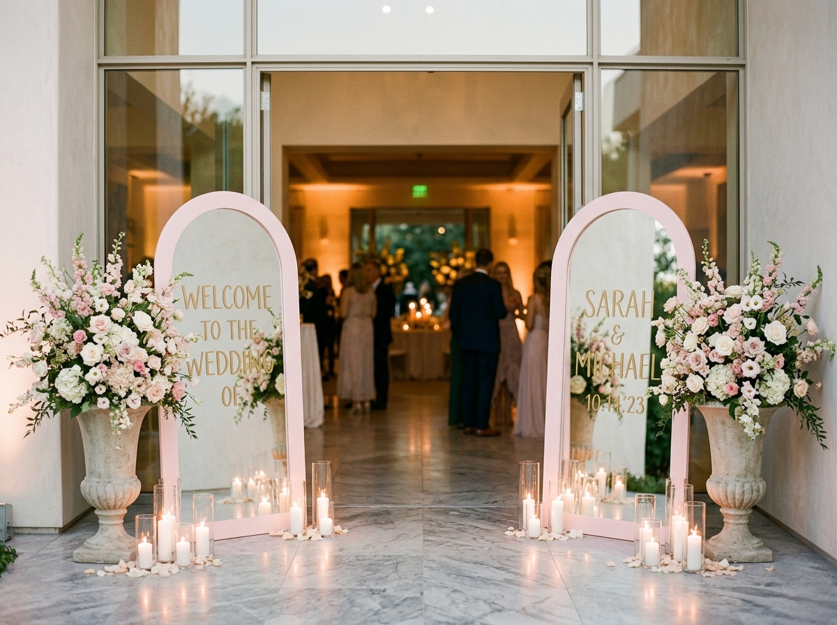 Arched welcome mirrors with calligraphy at wedding entrance
