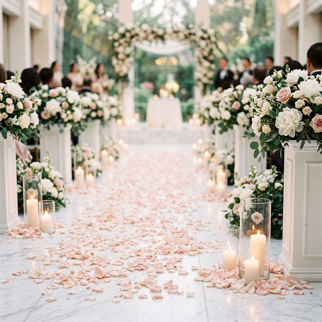Wedding aisle with baby pink rose petals and candles