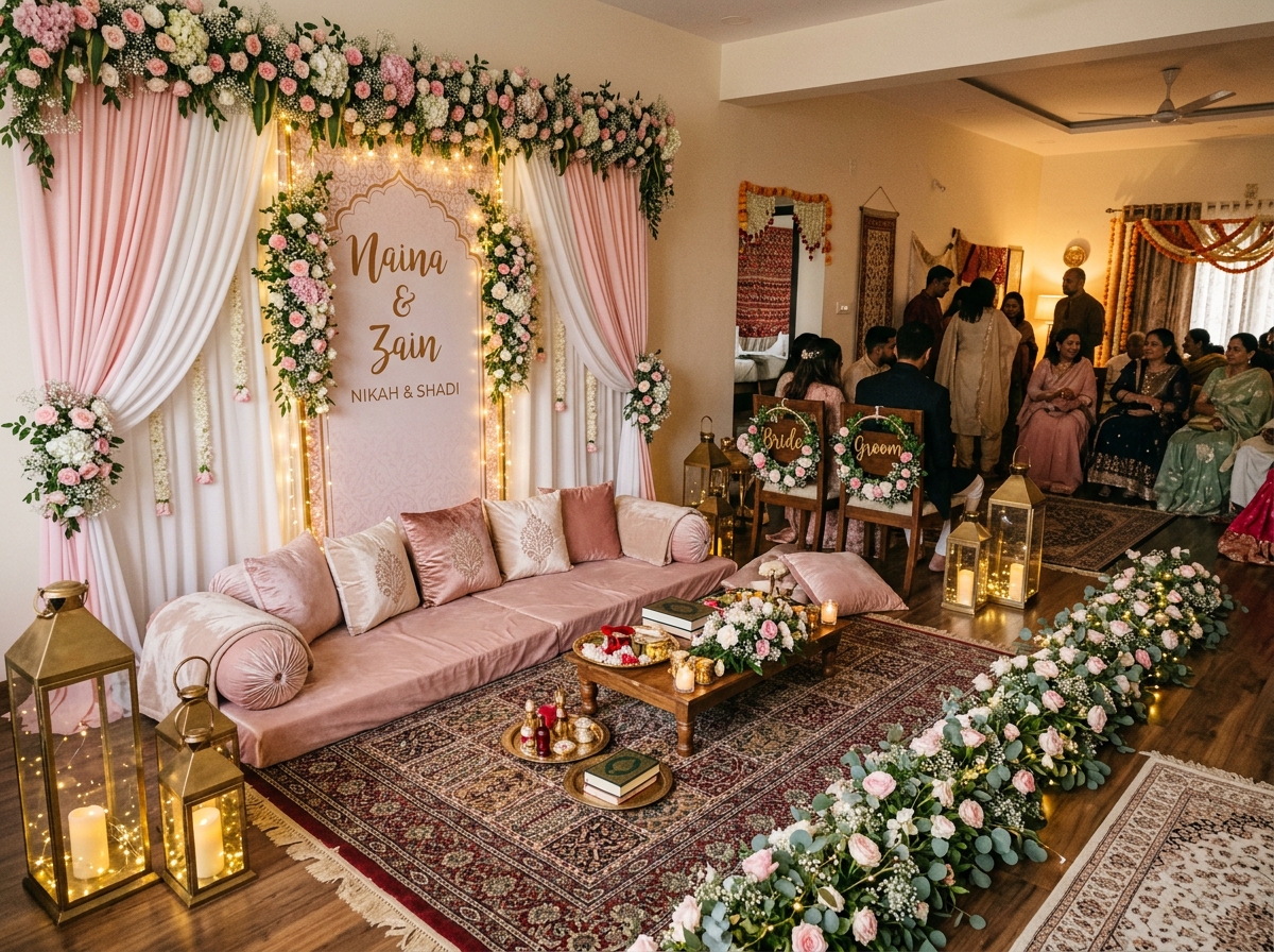 Intimate home-based Nikah decor with floor diwan seating