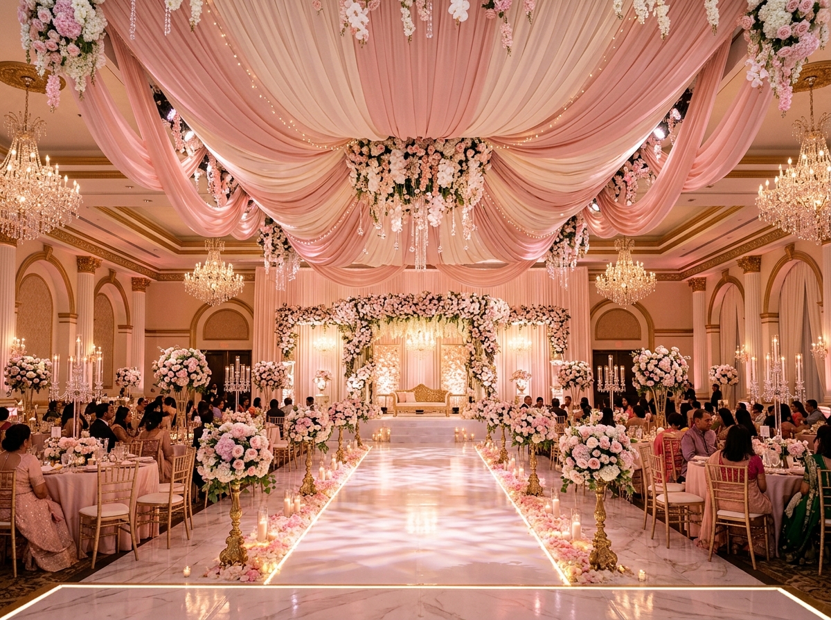 Grand ballroom wedding reception decor in soft pink