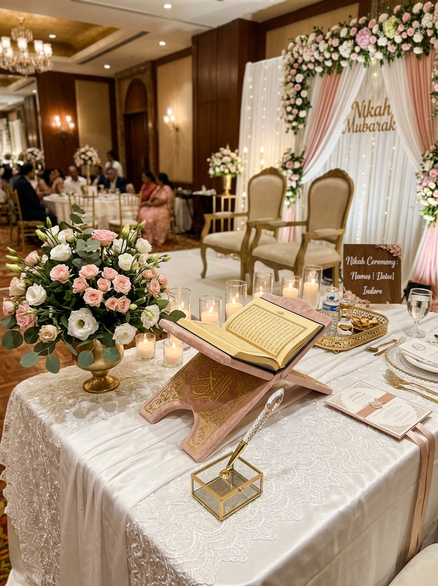 Nikah ceremony ceremonial table setup with calligraphy
